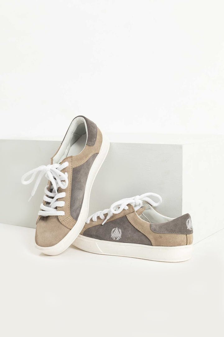 Hand Matters. Beige and grey suede sneakers. Greige